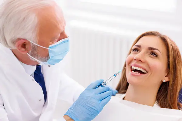 Dentist Applying Local Anesthetic Patient Numbing Pain Procedure Doctor Applying — Stock Photo, Image
