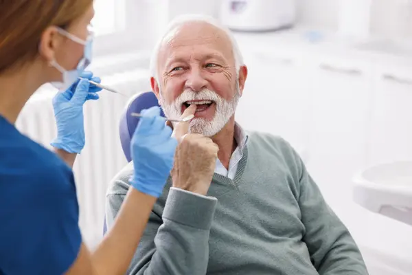 Doctor Checking Patient Teeth Dentist Office Senior Man Dental Checkup — Stock Photo, Image