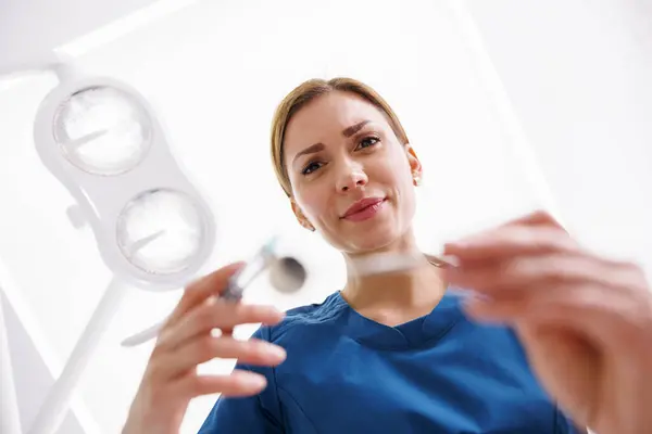 Low Angle View Female Dentist Applying Local Anesthetic Patient Oral — Stock Photo, Image