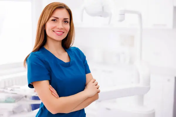 Portrait Young Successful Confident Female Doctor Wearing Uniform Standing Smiling — Stock Photo, Image
