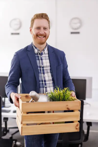 Man Hired New Job Carrying Belongings Box While Moving New — Stock Photo, Image