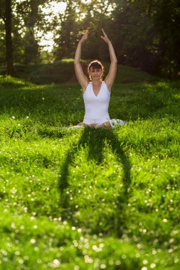 Orta yaşlı kadın Yoga sabah erken bir parkta yapıyor.