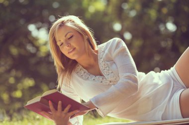 Güneşli bir yaz gününde, bir parkta, tuğla duvarda uzanmış kitap okuyan güzel bir genç kız.