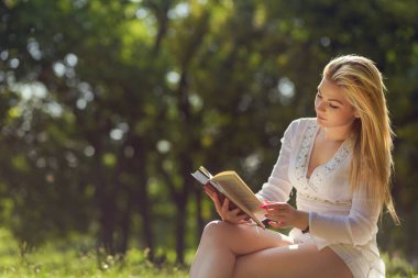 Parkta güneşli bir yaz gününde kitap okuyan genç bir kadın.