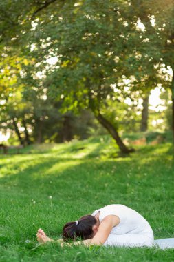 Orta yaşlı kadın Yoga sabah erken bir parkta yapıyor.