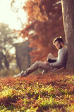 Parkta düşen bir sonbahar yapraklarının üzerinde oturmuş kitap okuyan yakışıklı genç adam. Çimenlere odaklan, bulanık görüntü