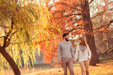 Birbirine aşık genç bir çift güneşli bir sonbahar gününde el ele tutuşup parkta yürüyor.