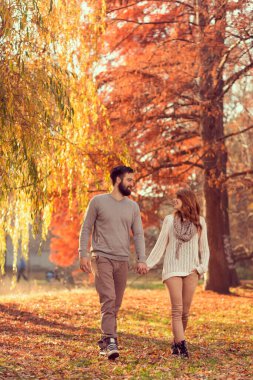 Birbirine aşık genç bir çift güneşli bir sonbahar gününde el ele tutuşup parkta yürüyor.
