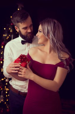 Birbirlerine aşık güzel genç bir çift Noel hediyelerini kucaklaşıp değiş tokuş ediyorlar. Kıza odaklan.