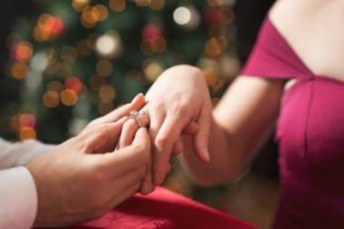 Güzel dekore edilmiş bir Noel ağacının yanındaki yemek masasında oturan genç ve çekici bir çift. Bu arada erkek, kız arkadaşına nişan yüzüğüyle sürpriz yapıyor.