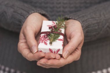 Güzel paketlenmiş hediye kutusunu tutan genç bir kadının detayları.