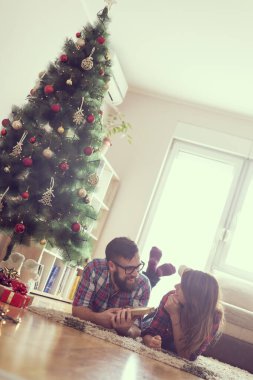 Güzel bir Noel ağacının yanında, oturma odasında yerde yatan genç ve güzel bir çift Noel hediyelerini değiş tokuş ediyorlar.