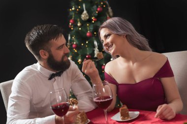 Romantik bir Noel yemeğinde sohbet eden, şarap içip pasta yiyen genç bir çift. Kıza odaklan.
