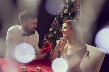 Genç ve güzel bir çift Noel yemeği masasında oturup, şarap içip, Noel hediyelerini değiş tokuş ediyorlar.