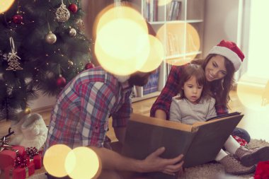 Genç ebeveynler oturma odasında güzel dekore edilmiş bir Noel ağacının yanında oturuyorlar. Anne kucağında bir kız bebeği tutuyor ve hep birlikte peri masalı okuyorlar. Bebeğe odaklan.
