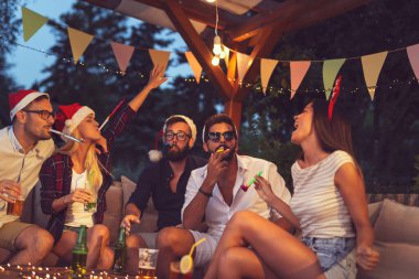 Bir grup genç arkadaş parti düdüğü çalıyor, bira içiyor ve yeni yıl partisinde eğleniyorlar.