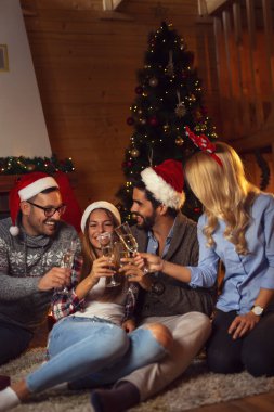Arkadaşlar güzel dekore edilmiş bir Noel ağacının yanında oturmuş şampanya kadehleriyle kadeh kaldırıyorlar. Ortadaki kıza odaklan.