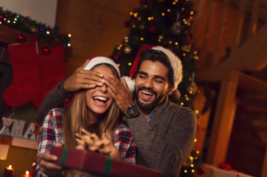 Aşık bir çift yerde şömine ve Noel ağacının yanında yatıyor, Noel arifesinde hediyelerini veriyor, kadının gözlerini kapatıyor. Adama odaklan.