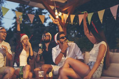 Bir grup arkadaş parti düdüğü çalıyor, bira içiyor ve yeni yıl partisinde eğleniyorlar.