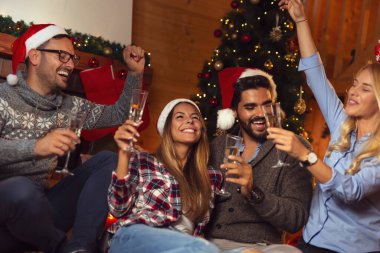 Arkadaşlar güzel dekore edilmiş bir Noel ağacının yanında oturmuş şampanya kadehleriyle kadeh kaldırıyorlar. Ortadaki kıza odaklan.