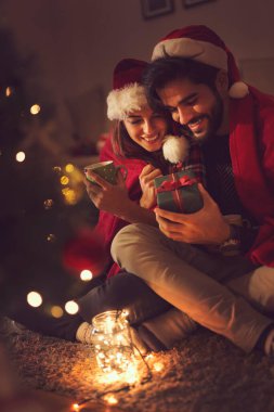 Birbirine aşık bir çift Noel ağacının yanında oturuyor, Noel Baba 'nın şapkalarını takıyor, sıcak çay içiyor ve hediyelerini değiş tokuş ediyorlar. Seçici odak