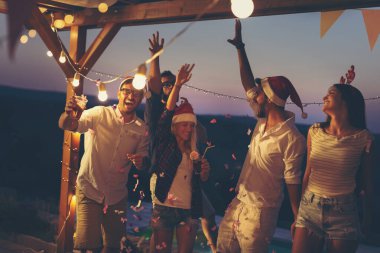 Arkadaşlar havuz başında yeni yıl partisinde eğleniyor, dans ediyor ve bira içiyor. Ön plandaki adamlara odaklan.