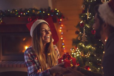 Birbirlerine aşık genç bir çift şöminenin yanında oturmuş Noel ağacını süslüyor ve Noel hediyelerini değiş tokuş ediyorlardı.