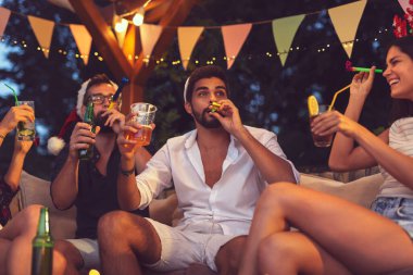 Bir grup genç arkadaş parti düdüğü çalıyor, bira içiyor ve yeni yıl partisinde eğleniyorlar.