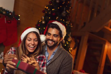 Birbirlerine aşık genç bir çift şöminenin yanında oturuyor ve Noel ağacını süsleyip Noel hediyelerini değiş tokuş ediyorlar. Adama odaklan.