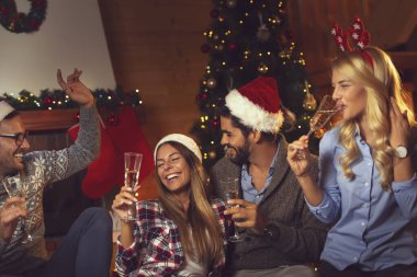 Bir grup arkadaş güzel dekore edilmiş bir Noel ağacının yanında yerde oturuyor ve yeni yıl partisinde şampanya kadehleriyle kadeh kaldırıyorlar.