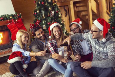 Bir grup arkadaş, güzel dekore edilmiş bir Noel ağacının yanında oturmuş bardaklara şampanya dolduruyorlar ve kadeh kaldırıyorlar.