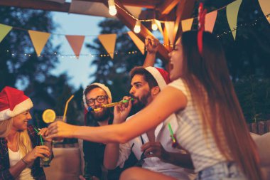 Bir grup genç arkadaş parti düdüğü çalıyor, bira içiyor, kadeh kaldırıyor ve dışarıda yeni yıl partisinde eğleniyorlar.