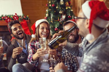 Bir grup arkadaş yerde güzel dekore edilmiş bir Noel ağacının yanında oturmuş şampanya kadehleriyle kadeh kaldırıyorlar. Ortadaki kıza odaklan.