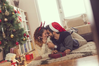 Güzel bir Noel ağacının yanında, oturma odasında yerde yatan genç ve güzel bir çift Noel hediyelerini değiş tokuş ediyorlar.