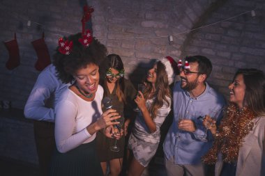 Bir grup neşeli genç arkadaş yeni yıl partisinde eğleniyor, karaoke söylüyor, gece yarısı geri sayımında şampanya içiyor ve dans ediyor.