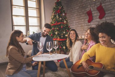 Bir grup insan güzelce dekore edilmiş Noel ağacının yanında oturuyor, evde Noel 'i kutluyor, gitar çalıyor, şarap bardaklarına şarap dolduruyor ve Noel şarkıları söylüyor.