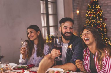 Bir grup arkadaş Noel yemeğinde eğleniyor, maytaplarla el sallıyor ve Noel şarkıları söylüyorlar.