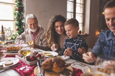 Güzel mutlu bir aile Noel 'i evde kutluyor, masanın etrafında toplanıyor, Noel yemeği yiyor, kış tatilinin tadını çıkarıyor ve birlikte vakit geçiriyorlar.