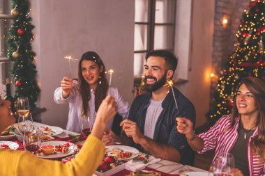 Bir grup arkadaş Noel yemeğinde eğleniyor, maytaplarla el sallıyor ve Noel şarkıları söylüyorlar.