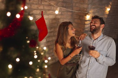 Güzel, birbirine aşık genç bir çift Noel ağacının yanında duruyor, şarap içiyor ve evde Noel 'i kutlarken eğleniyorlar.