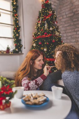 Genç ve güzel bir çift Noel 'i evde kahve içerek, zencefilli kurabiye yiyerek ve birlikte vakit geçirerek geçiriyorlar.