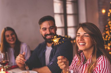 Bir grup arkadaş Noel yemeğinde eğleniyor, maytaplarla el sallıyor ve Noel şarkıları söylüyorlar.