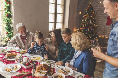 Güzel mutlu aile masanın etrafında toplanmış, Noel yemeği yiyor, birlikte vakit geçiriyorlar ve kış tatili sezonunun tadını çıkarıyorlar.