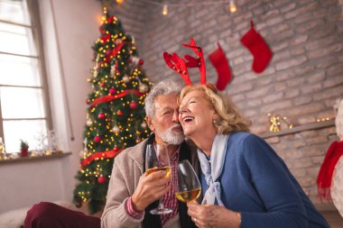 Mutlu son sınıf çifti Noel 'i evde kutluyor, güzel dekore edilmiş bir Noel ağacının yanında oturuyor, kadehlerini şarap ve öpüşme kadehleriyle kaldırıyor.