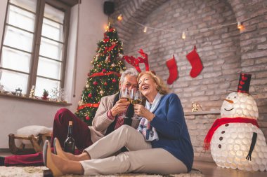 Mutlu son sınıf çifti Noel 'i evde kutluyor, güzel dekore edilmiş bir Noel ağacının yanında oturuyor, kadeh kaldırıyor ve şarap içiyor.