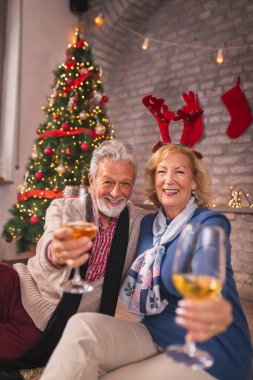 Mutlu son sınıf çifti Noel 'i evde kutluyor, güzel dekore edilmiş bir Noel ağacının yanında oturuyor, kadeh kaldırıyor ve şarap içiyor.