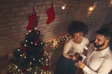 Güzel dekore edilmiş Noel ağacının yanında duran, şarap içen ve Noel arifesini evde birlikte geçirmenin tadını çıkaran güzel, genç ve güzel bir çiftin manzarası.