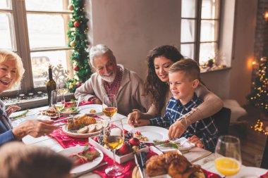 Aile evde Noel yemeği yiyor, masanın etrafında toplanıyor, birlikte vakit geçiriyorlar; anne oğlunu kucağına alıyor ve gülümsüyor.