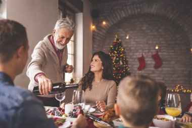 Aile evde Noel yemeği yiyor, birlikte vakit geçiriyorlar, birbirleriyle konuşuyorlar ve kıdemli adam şarap koyarken gülüyorlar.