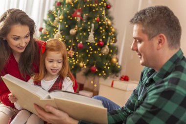 Mutlu bir aile Noel 'i evde birlikte geçirip eğleniyor ebeveynler kızlarına Noel hikayeleri okuyor. 